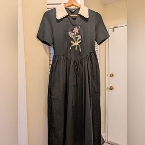 Charming Black Midi Dress with Floral Embroidery (Van Gogh irises)